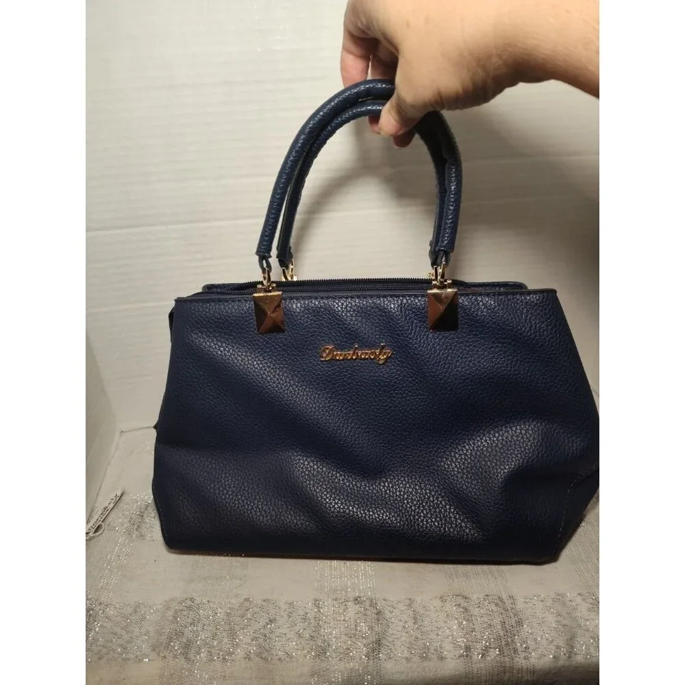 Danbaoly Women's Navy Tote Handbag‎ Faux Leather Gold hardware Brown lining
